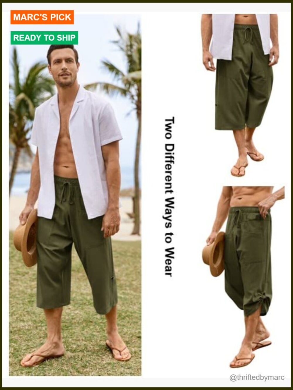 Men's Linen Harem Capri Pants Drawstring Casual Yoga Beach Shorts - Picture 4 of 7